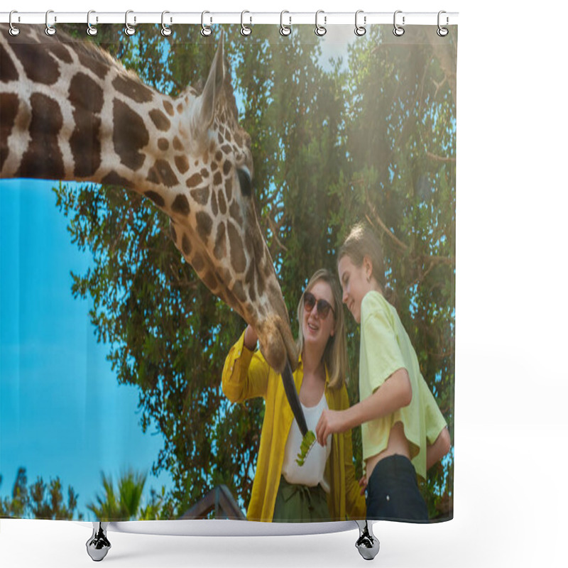 Personality  Woman And Her Daughter Feeding Giraffe In Zoo. Shower Curtains