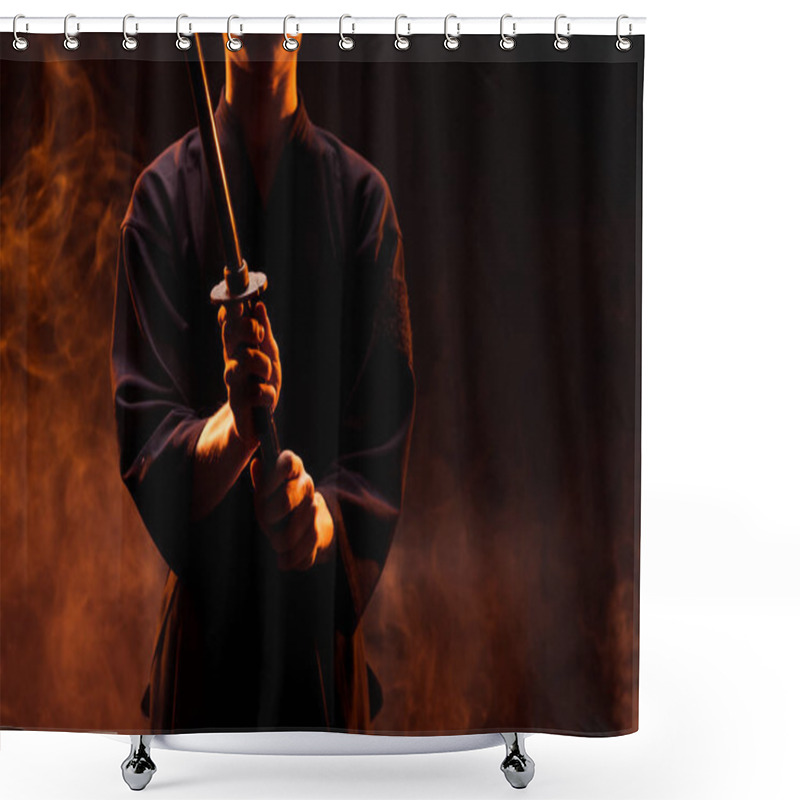 Personality  Cropped View Of Young Man In Kimono Holding Kendo Sword In Smoke Shower Curtains