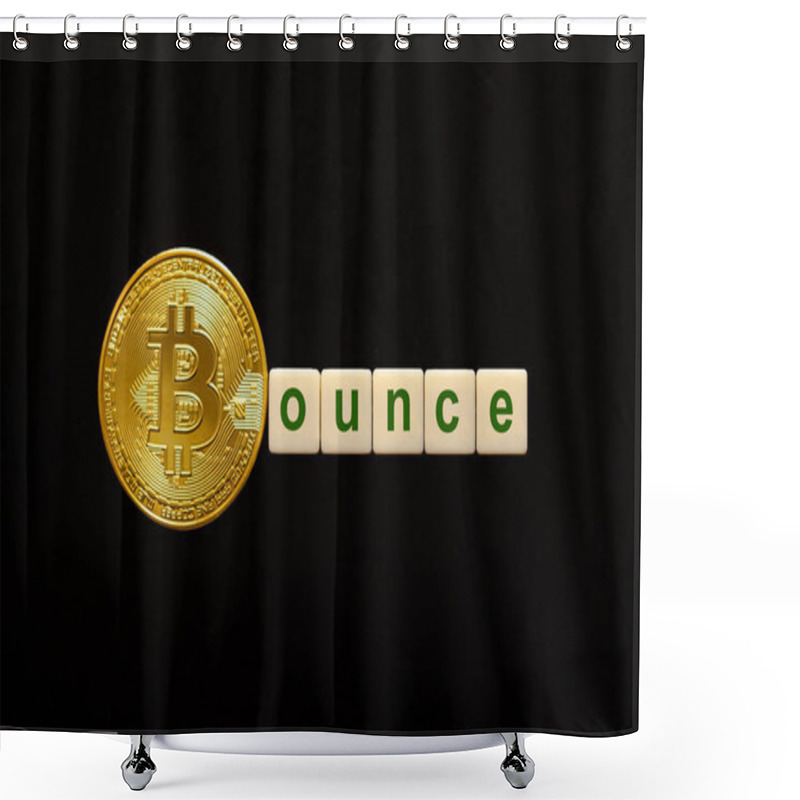 Personality  Word Bounce Made Up Of Cubes. The First Letter Of The Word Is Symbolized By A Bitcoin Coin. Concept Of Strong BTC, Bitcoin Growth Rate, Price Increase, Blockchain Confidence, Positive Price Outlook. Shower Curtains