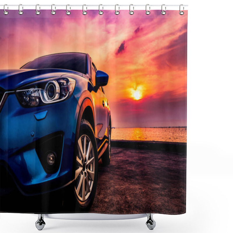 Personality  Blue Compact SUV Car With Sport And Modern Design Parked On Concrete Road By The Sea At Sunset. Environmentally Friendly Technology. Business Success Concept. Shower Curtains