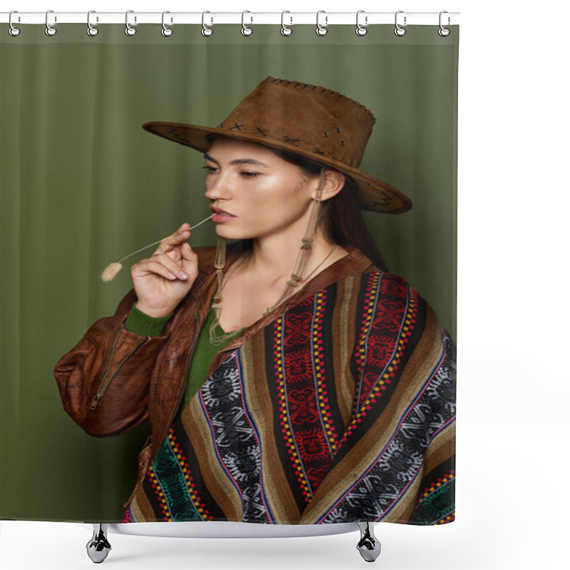 Personality  Beautiful Young Brunette Woman Wears A Traditional Outfit While Holding A Decorative Stem. Shower Curtains