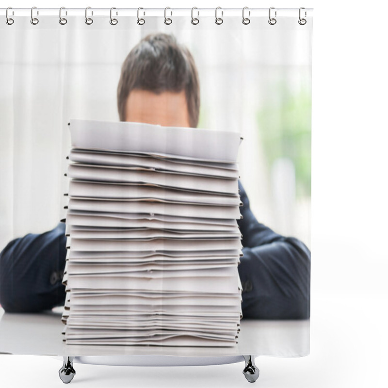 Personality  Businessman Hiding Behind Stack Of Documents Shower Curtains