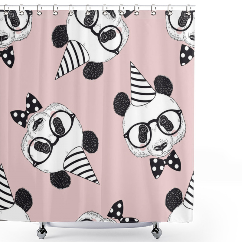 Personality  Happy Birthday Vector Seamless Pattern With Cute Panda Portrait In Party Hat Tie Bow And Glasses Shower Curtains