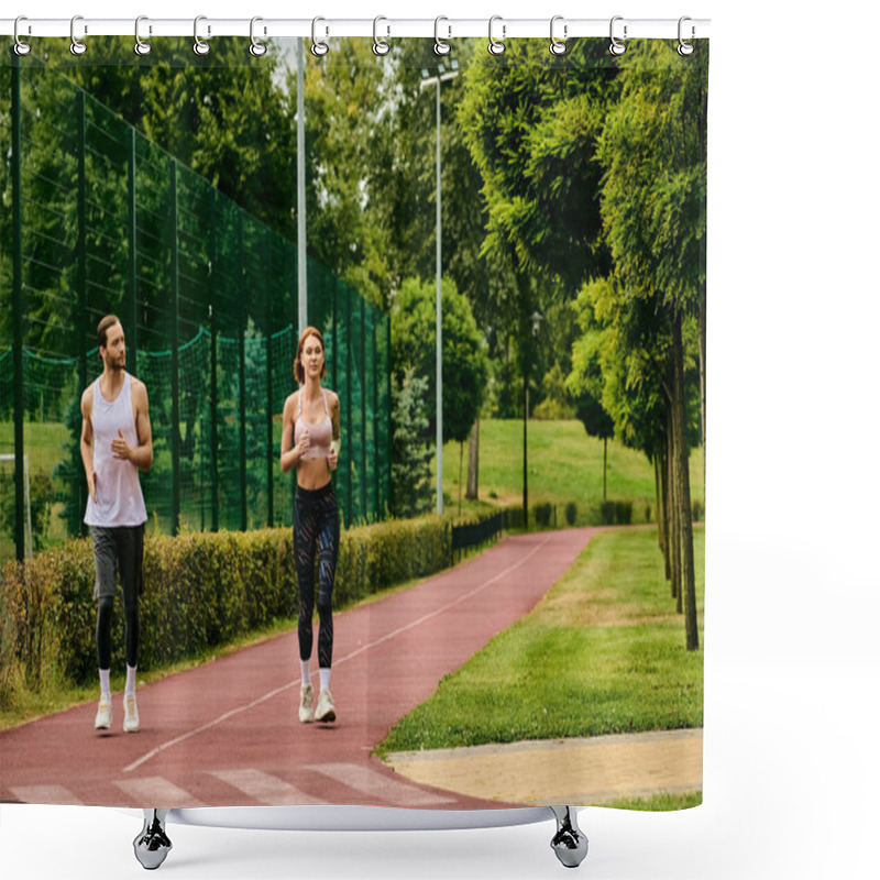 Personality  A Couple In Sportswear, Energetically Running Down A Path, Showing Determination And Motivation. Shower Curtains