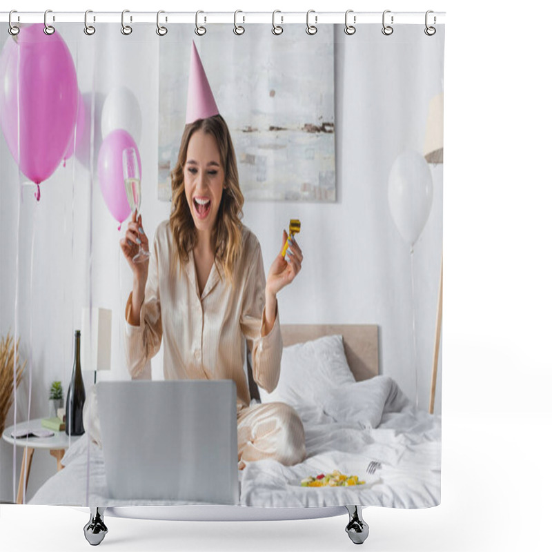 Personality  Positive Woman With Party Horn And Champagne Having Video Call On Laptop While Celebrating Birthday In Bedroom  Shower Curtains