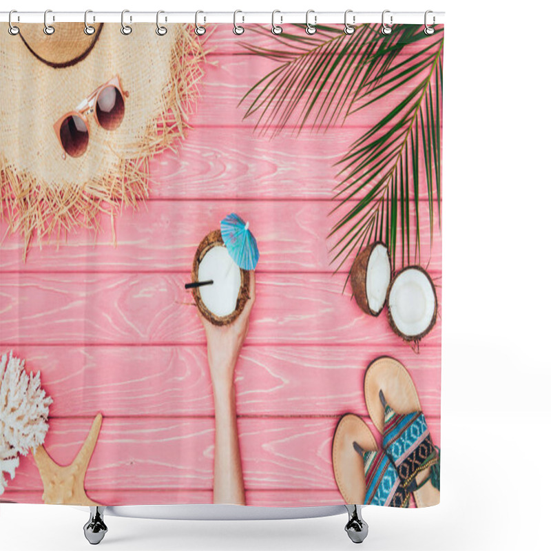 Personality  Cropped Shot Of Woman Holding Coconut Cocktail  Surrounded With Various Tropical Travel Attributes On Pink Wooden Surface Shower Curtains