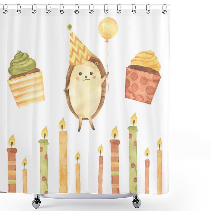 Personality  Watercolor Birthday: Cupcake, Cake, Candles, Ribbons, Stars, Balls, Hedgehogs. Hand Drawn Cartoon Watercolor Sketch Illustration Isolated On White Background. Collections For Birthday Card Shower Curtains