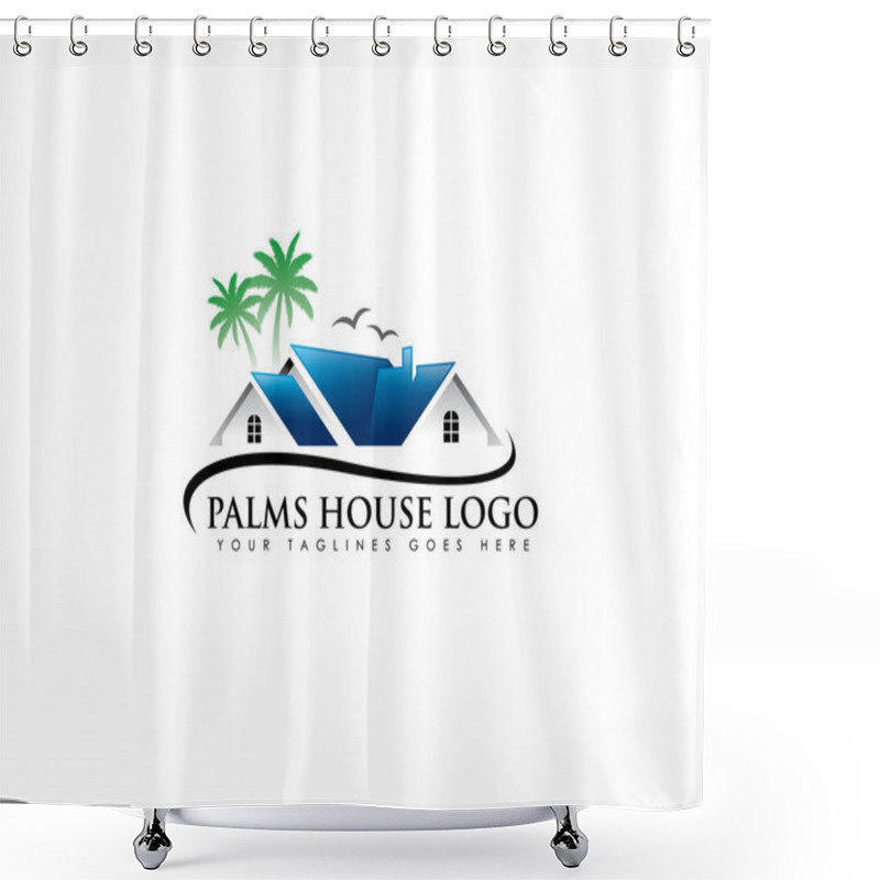 Personality  Blue Roof House Beach Birds Palm Realestate Logo Shower Curtains