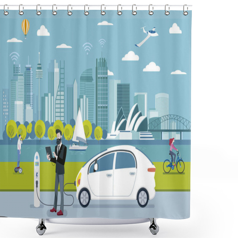 Personality  Electric Car Charging Point. A Man Charging His Electric Car With A Application. On The Background, A Panoramic Sydney Skyline. Flat Vector Illustration. Shower Curtains