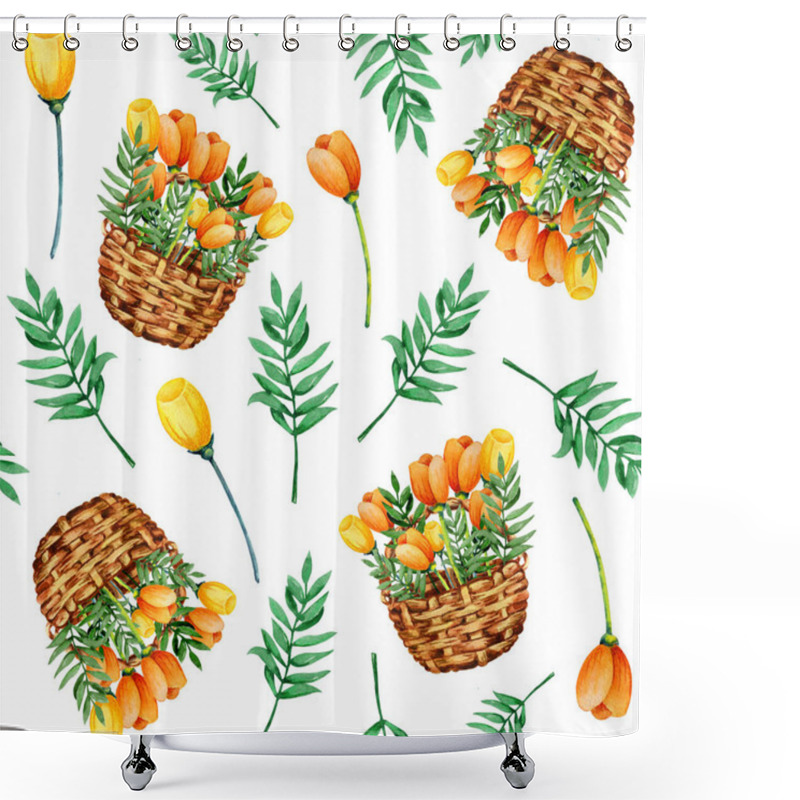 Personality  Seamless Pattern With Spring Flowers Tulips In A Basket. Hand Drawn Watercolor Illustration On A White Background. Design Easter Products, Wallpapers, Covers, Packaging, Wrappers, Fabrics. Shower Curtains