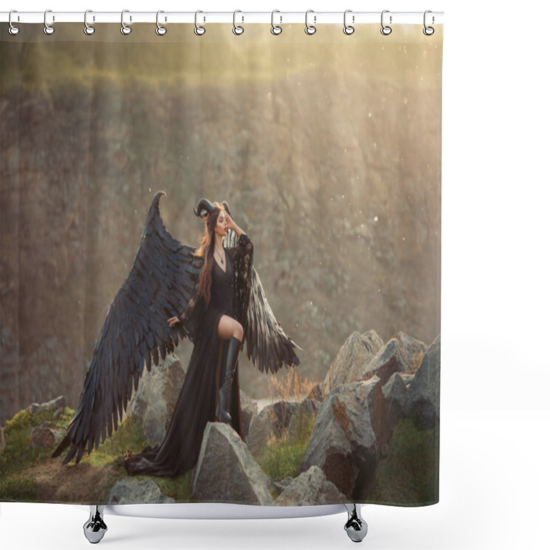 Personality  Mysterious Lady In Black Light Lace Dress With Long Train, Girl With Open Leg In Leather Boots, Dark Horned Angel From Heaven, Messenger Of Death With Large Wings On Edge With Closed Eyes In Sun Rays Shower Curtains