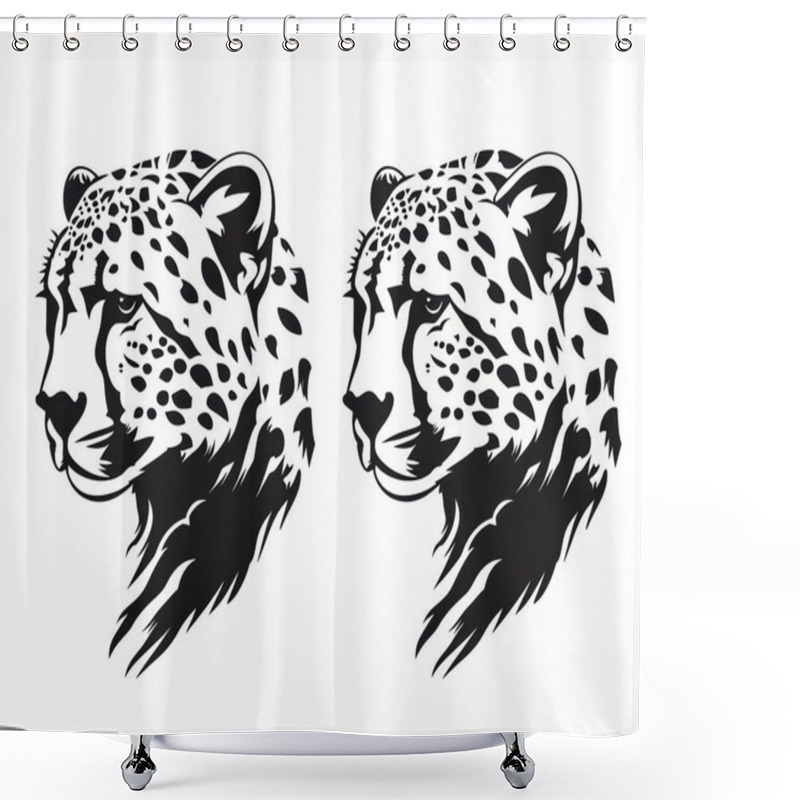 Personality  Stylized Black And White Illustration Of Two Cheetah Heads, Showcasing Their Graceful Features And Distinctive Spots. Shower Curtains