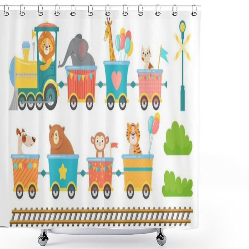 Personality  Cute Animals On Train. Happy Animal In Railroad Car, Little Pets Ride On Toy Locomotive Cartoon Vector Illustration Set Shower Curtains