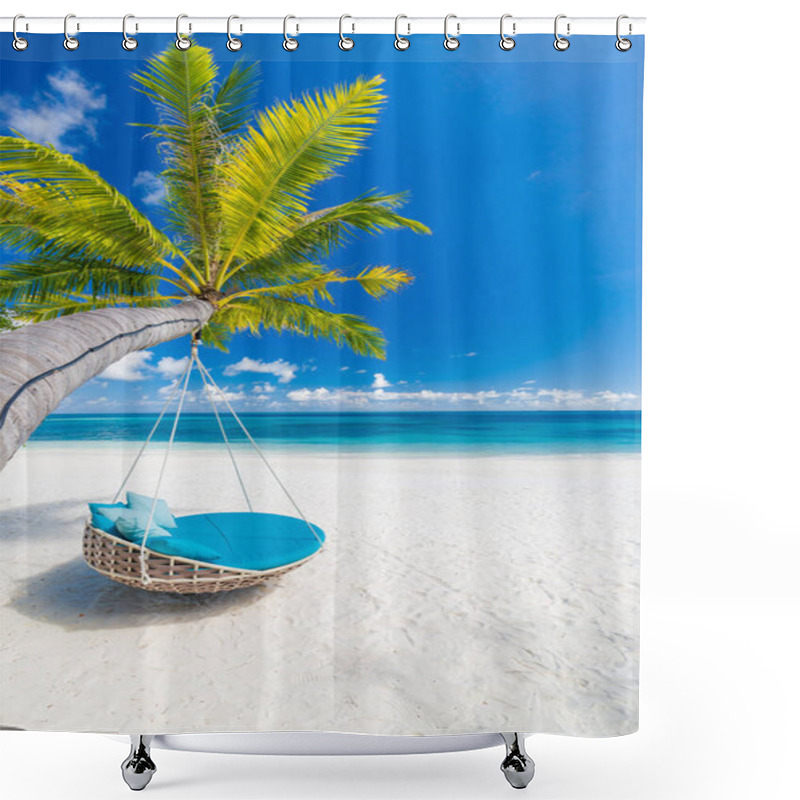 Personality  Tropical Beach Background As Summer Landscape With Beach Swing Or Hammock And White Sand And Calm Sea For Beach Banner. Perfect Beach Scene Vacation And Summer Holiday Concept. Boost Up Color Process Shower Curtains