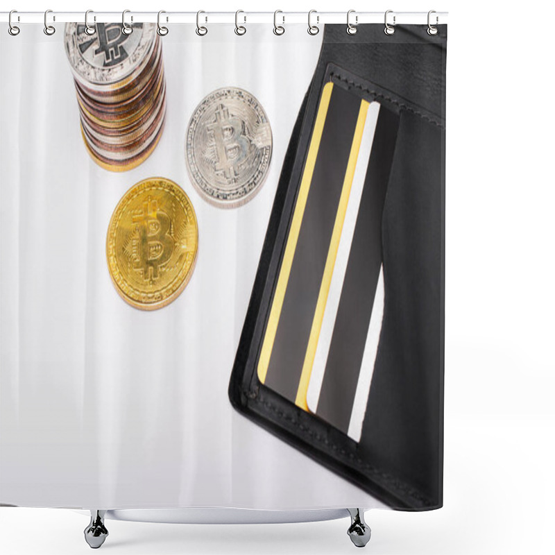 Personality  KYIV, UKRAINE - APRIL 26, 2022: Top View Of Wallet With Credit Cards And Bitcoins On White Background  Shower Curtains