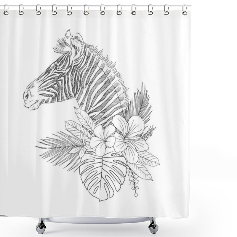 Personality  Zebra With Tropical Flowers Hand Drawn Sketch Shower Curtains