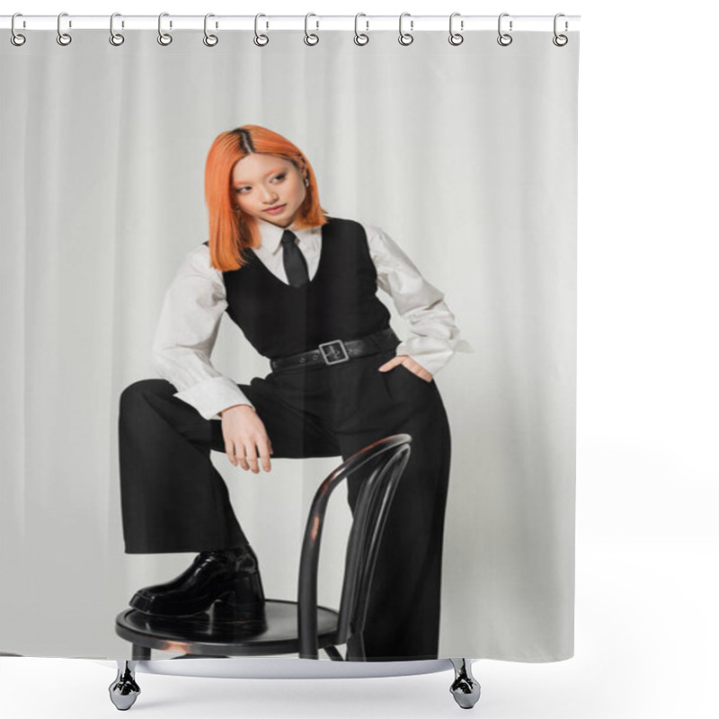 Personality  Young And Confident Asian Woman Holding Hand In Pocket And Looking Away While Posing With Chair On Grey Background, Dyed Red Hair, Black And White Business Casual Clothes, Fashion Shoot Shower Curtains