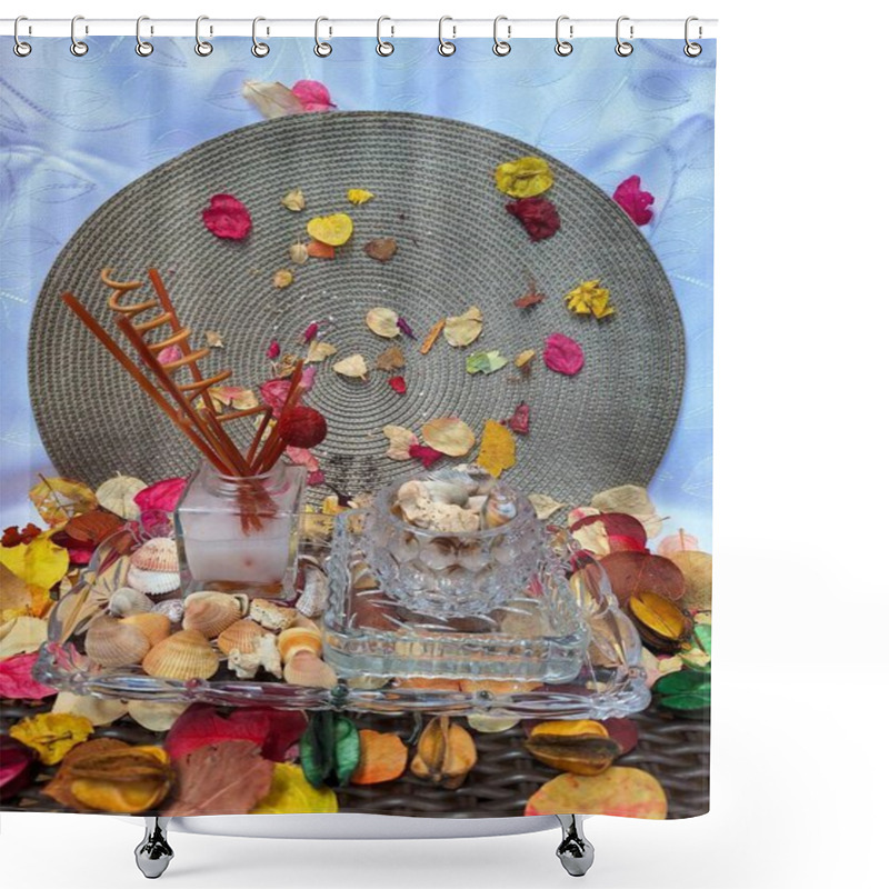 Personality  Glass Flag With A Glass Vase Filled With Seashells. The Flag Also Has An Air Freshener With Wooden Stems That Spread The Floral Aroma Throughout The Room.  Shower Curtains