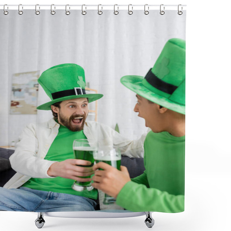 Personality  Excited Man In Green Hat Holding Beer Near African American Friend At Home  Shower Curtains