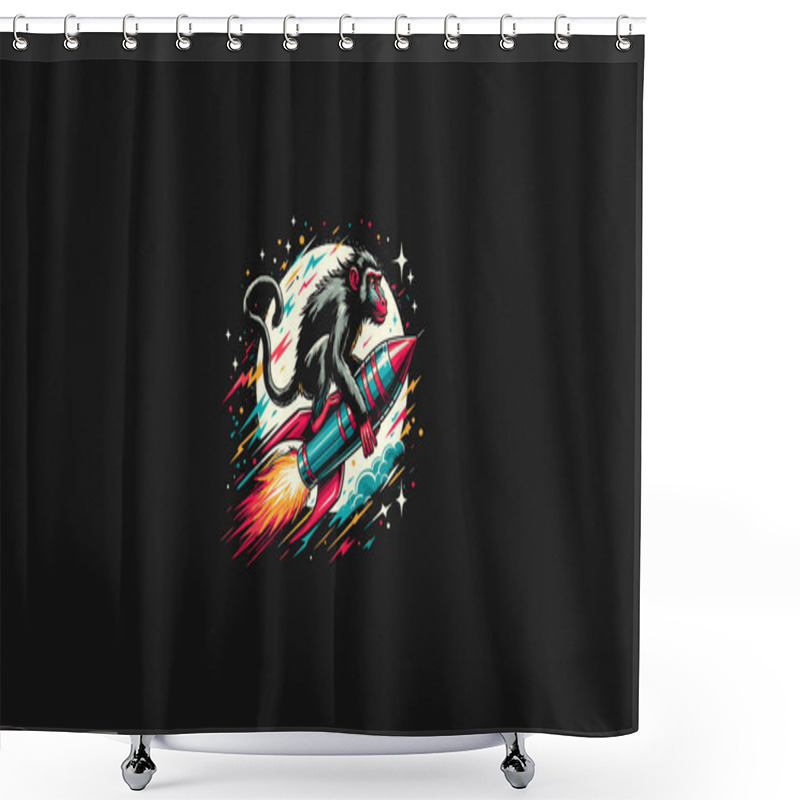 Personality  Baboon Riding Rocket On Moon Vector Artwork Design Shower Curtains