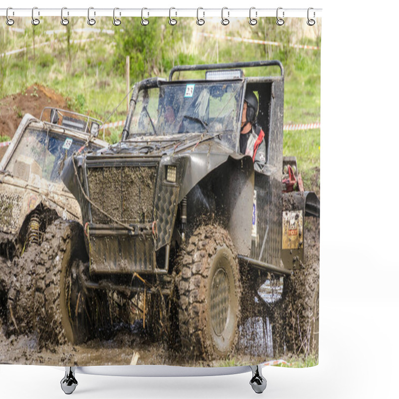 Personality  SALOVKA, RUSSIA - MAY 5, 2017: Offroad 4 X 4 Car Driving Through Mud And Water On Annual Offroad 4 X 4 Car Race Shower Curtains