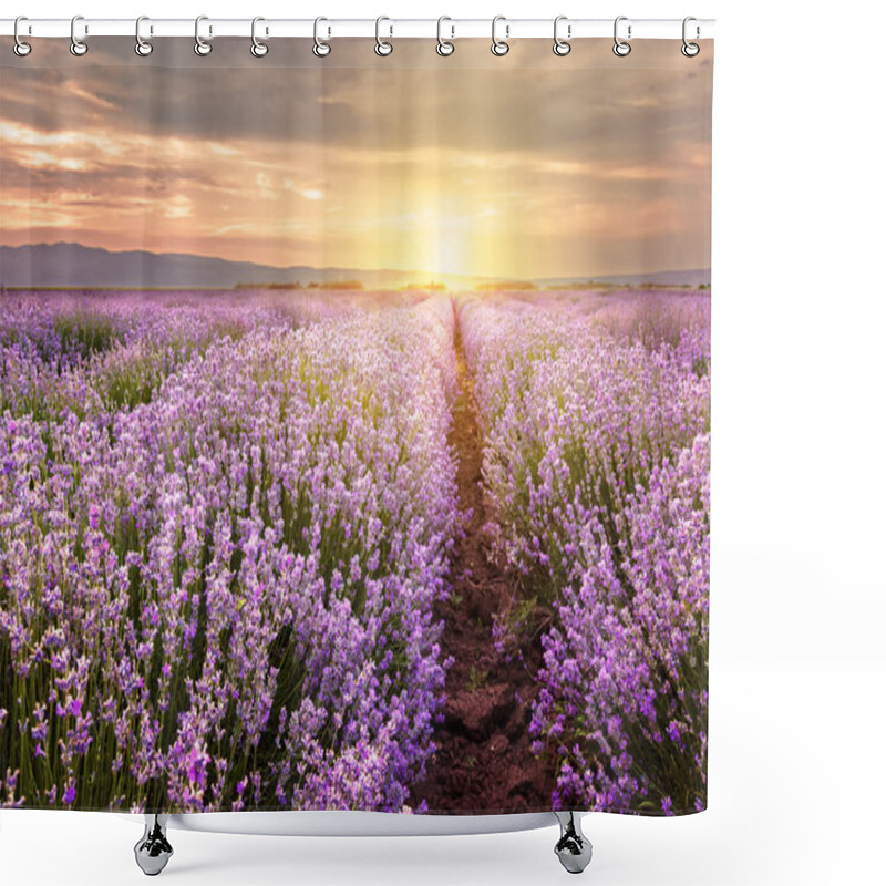 Personality  Sunrise Over Lavender Field In Bulgaria Shower Curtains