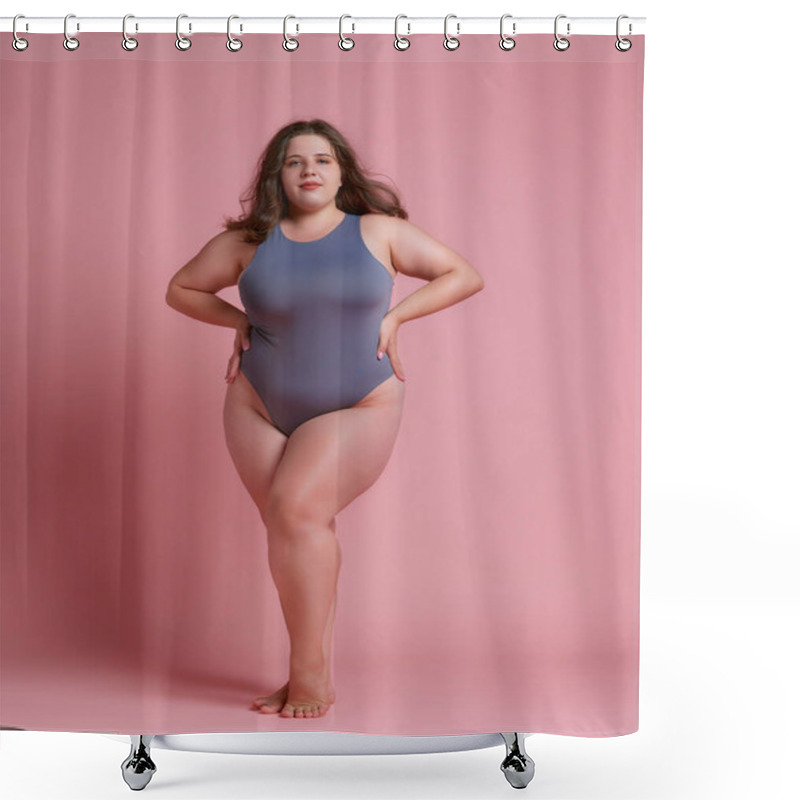 Personality  Confident, Plus-size Woman In Sleek Bodysuit, Hands On Hips, Embracing Her Natural Beauty Against Pink Studio Background. Concept Of Body Positivity, Self Love, Spa Treatments, Fashion. Ad Shower Curtains