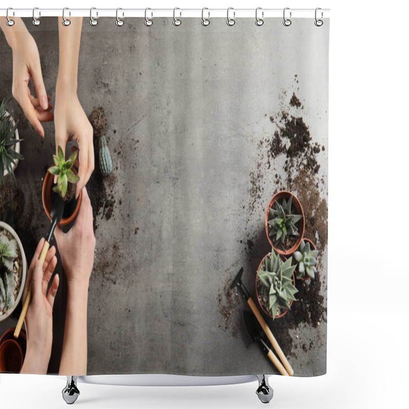 Personality  Women Transplanting Home Plants On Grey Background, Top View. Space For Text Shower Curtains