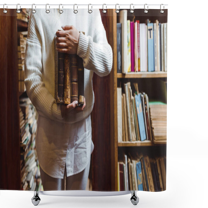 Personality  Partial View Of Woman In White Sweater Holding Books In Library  Shower Curtains