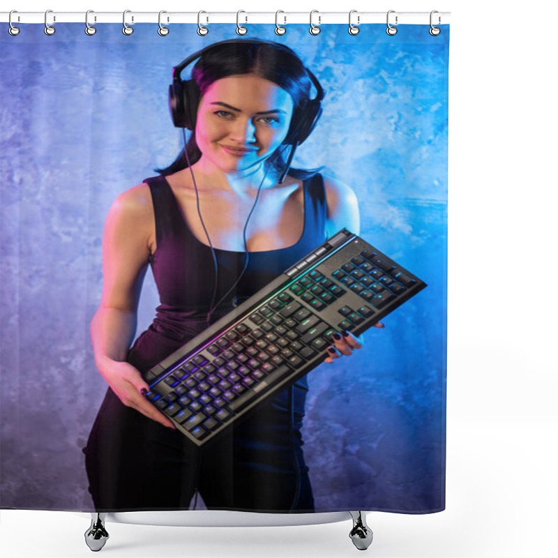 Personality  Portrait Of The Beautiful Young Pro Gamer Girl Standing With A Gaming Keyboard And Headset And Looks Into Camera. Attractive Geek Girl Player Wearing Glasses In The Room Lit By Neon Lights. Shower Curtains