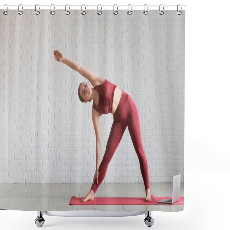 Personality  Sporty Young Woman With Laptop Doing Yoga Indoors Shower Curtains