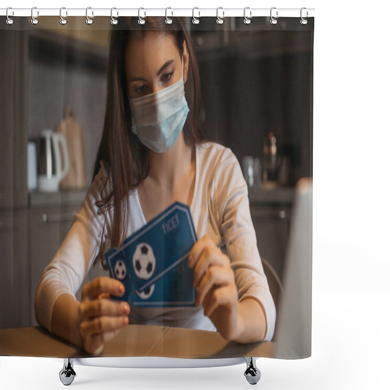 Personality  Selective Focus Of Sad Woman In Medical Mask Holding Sport Match Tickets At Home Shower Curtains