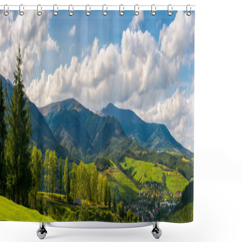 Personality  Panorama Of Mountainous Urban Area. Lovely Countryside Landscape In Early Autumn. Trees Along The Road Down The Hill. Village Down In The Valley And Clouds On A Blue Sky Over The Distant Ridge Shower Curtains