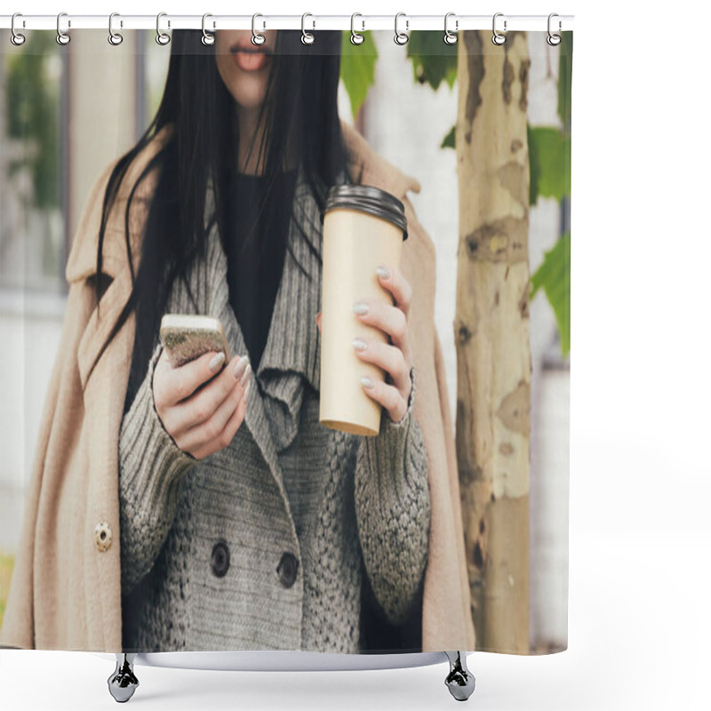 Personality  Woman With Smartphone And Coffee Shower Curtains