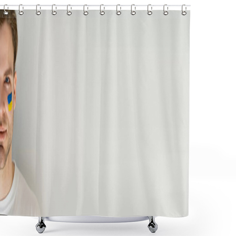 Personality  Partial View Of Man With Ukrainian Flag Painted On Face Isolated On Grey With Copy Space, Banner Shower Curtains