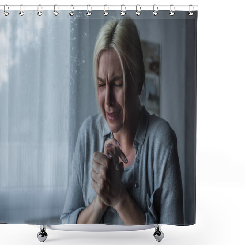 Personality  Depressed Blonde Woman Crying Behind Window Glass With Rain Drops  Shower Curtains