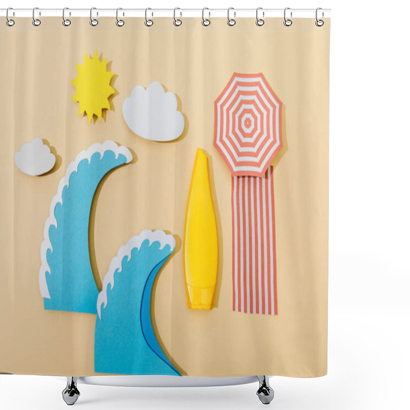 Personality  Top View Of Paper Cut Summer Beach With Tube Of Sunscreen On Beige Background Shower Curtains