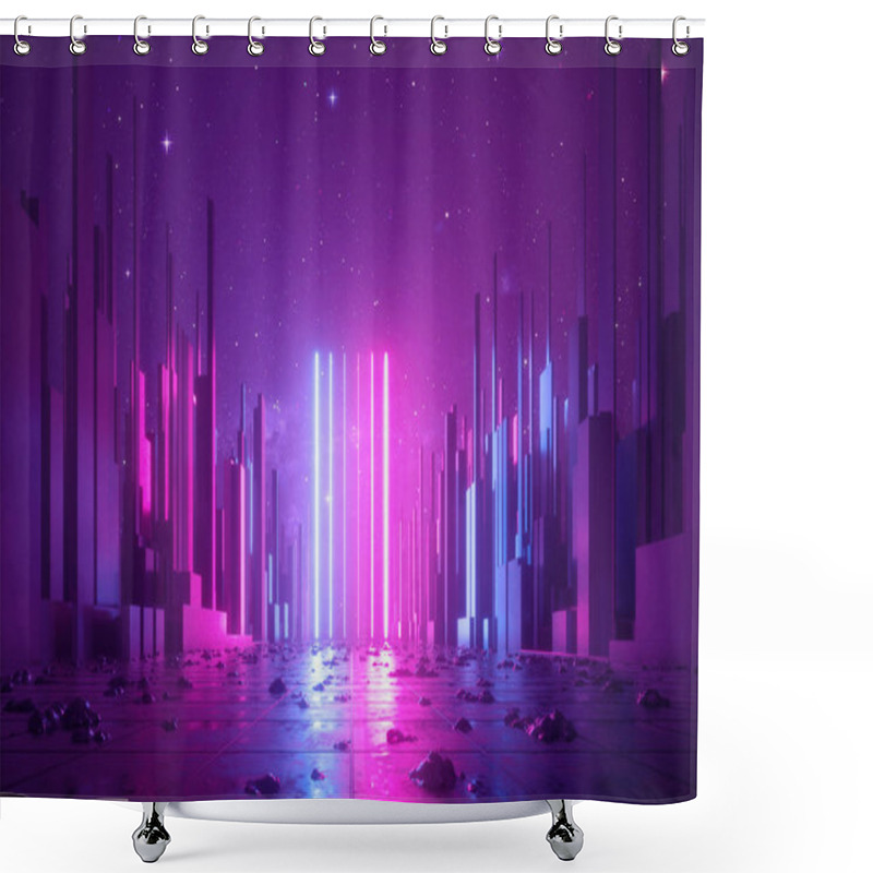 Personality  3d Abstract Neon Background, Glowing Ultraviolet Vertical Lines, Cyber Space, Urban Scene In Virtual Reality, Empty Street In Fantastic City Skyscrapers Under The Night Sky, Post Apocalyptic Concept Shower Curtains