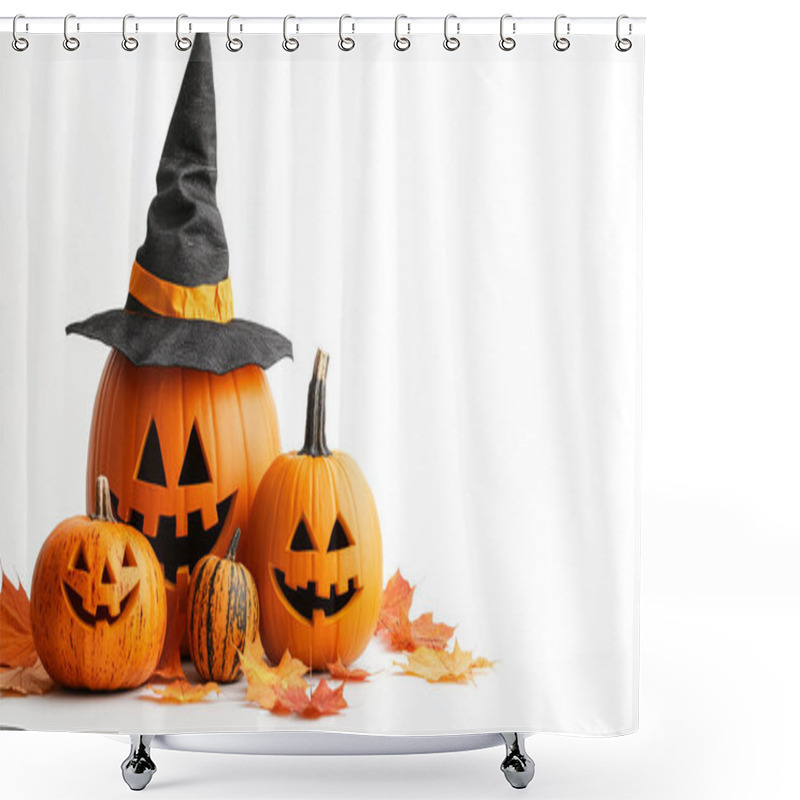 Personality  A Group Of Carved Pumpkins With Various Expressions And Witch Hats, Symbolizing Halloween Celebrations And Festive Decorations. Shower Curtains