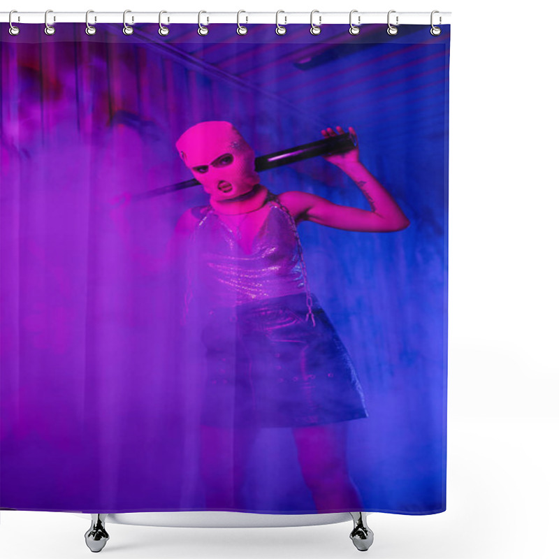 Personality  Provocative Woman In Balaclava And Black Leather Skirt Standing With Baseball Bat In Purple Lighting With Smoke Shower Curtains