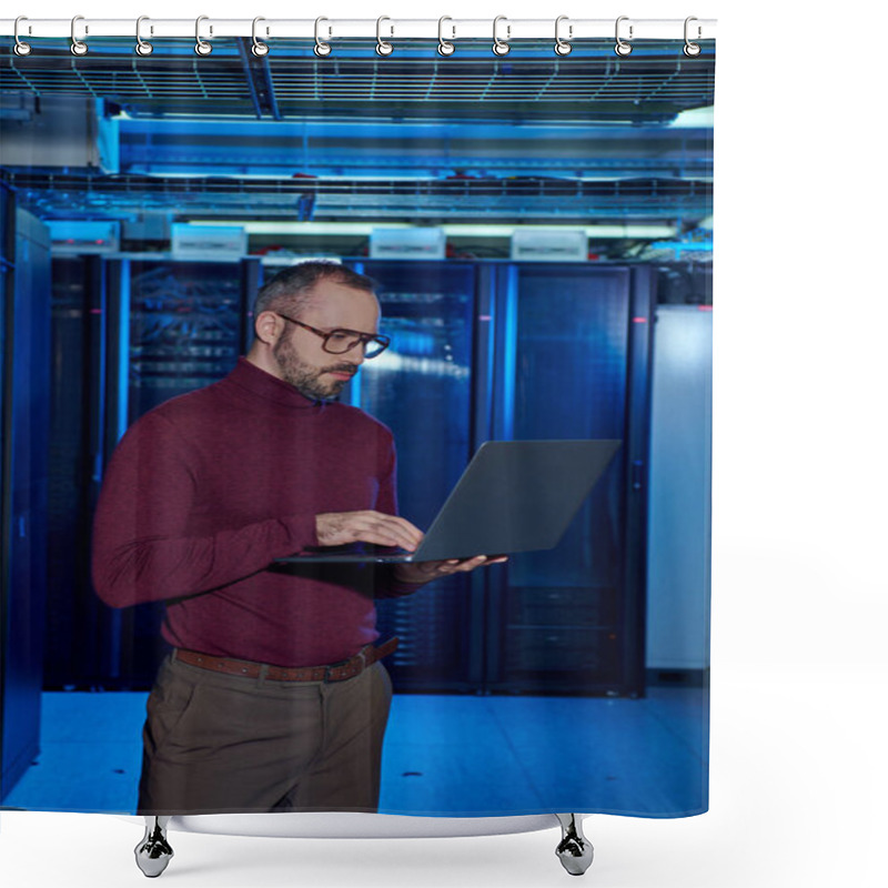 Personality  Pensive Good Looking Data Center Specialist In Turtleneck With Glasses Working On His Laptop Shower Curtains