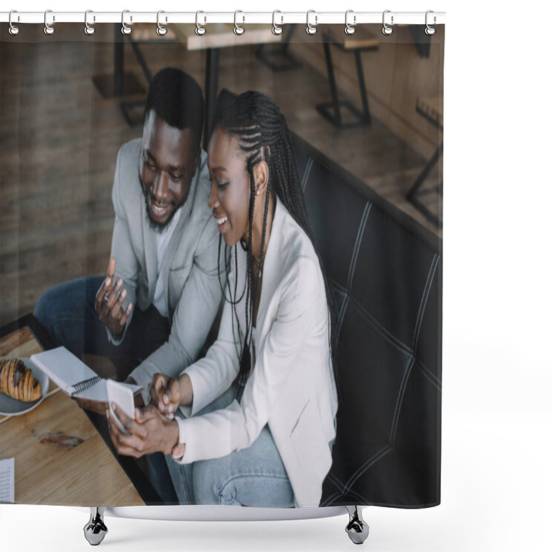 Personality  Smiling African American Businesspeople Discussing Work During Business Meeting In Cafe Shower Curtains