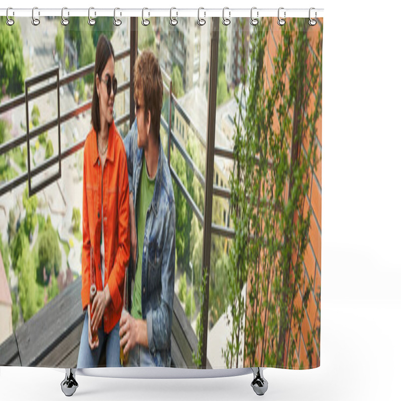 Personality  A Couple Relaxes On A Wooden Bench, Enjoying Each Others Company And The Peaceful Surroundings Shower Curtains