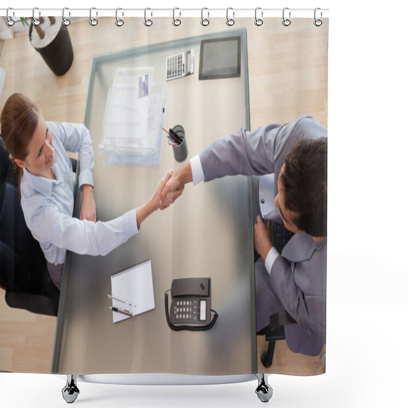 Personality  Above View Of Consultant Shaking Hands With Customer Shower Curtains