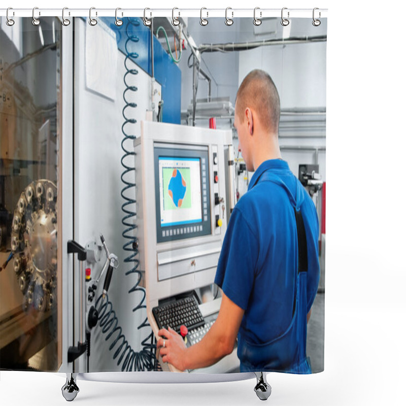 Personality  Worker Operating CNC Machine Center Shower Curtains