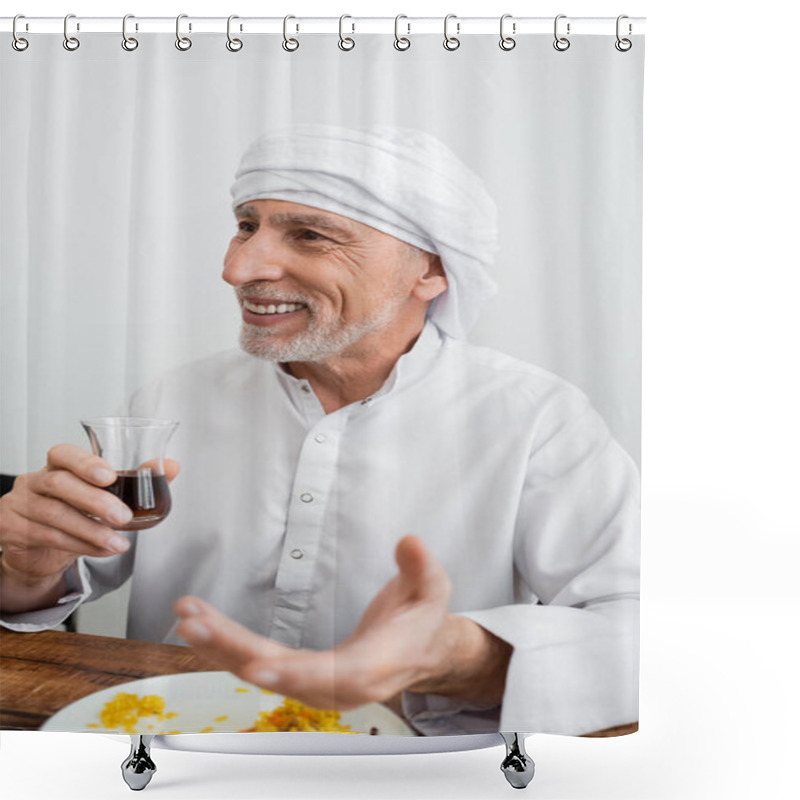 Personality  Happy Muslim Man In Turban Holding Glass Of Tea Near Pilaf On Plate Shower Curtains