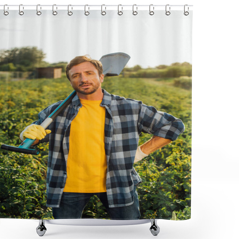 Personality  Farmer In Plaid Shirt Looking At Camera While Standing In Field With Shovel Shower Curtains