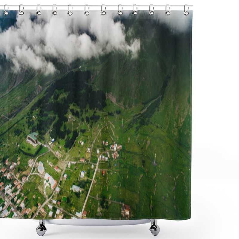 Personality  City In Green Mountains With Clouds Shower Curtains