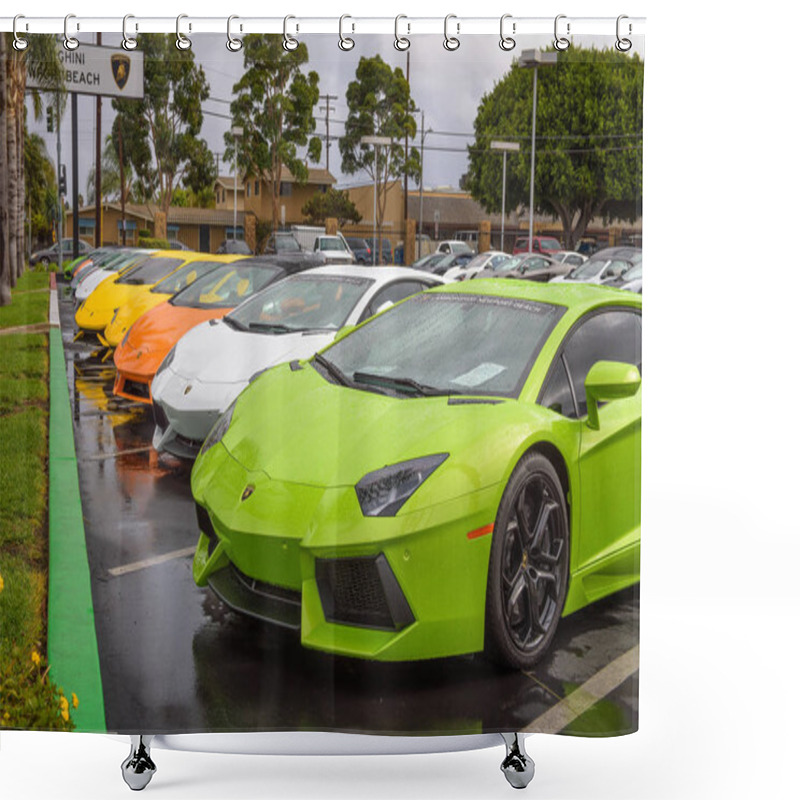 Personality  Lamborghini Cars Parked At The Factory Authorized Dealership In California Shower Curtains