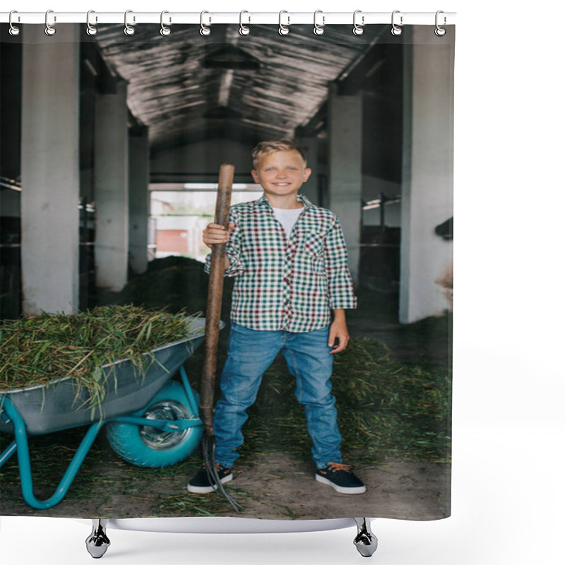 Personality  Happy Boy In Checkered Shirt Standing With Pitchfork And Smiling At Camera In Stall Shower Curtains